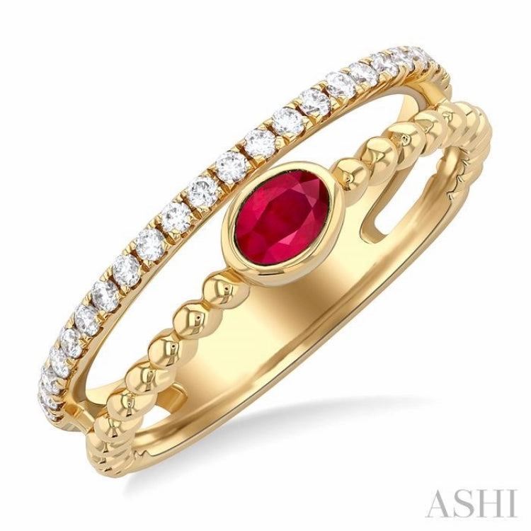 4x3 MM Oval Shape Ruby and 1/5 Ctw Single Cut Diamonds Precious Fashion Split Twin Ring in 10K Yellow Gold Timeless Grace