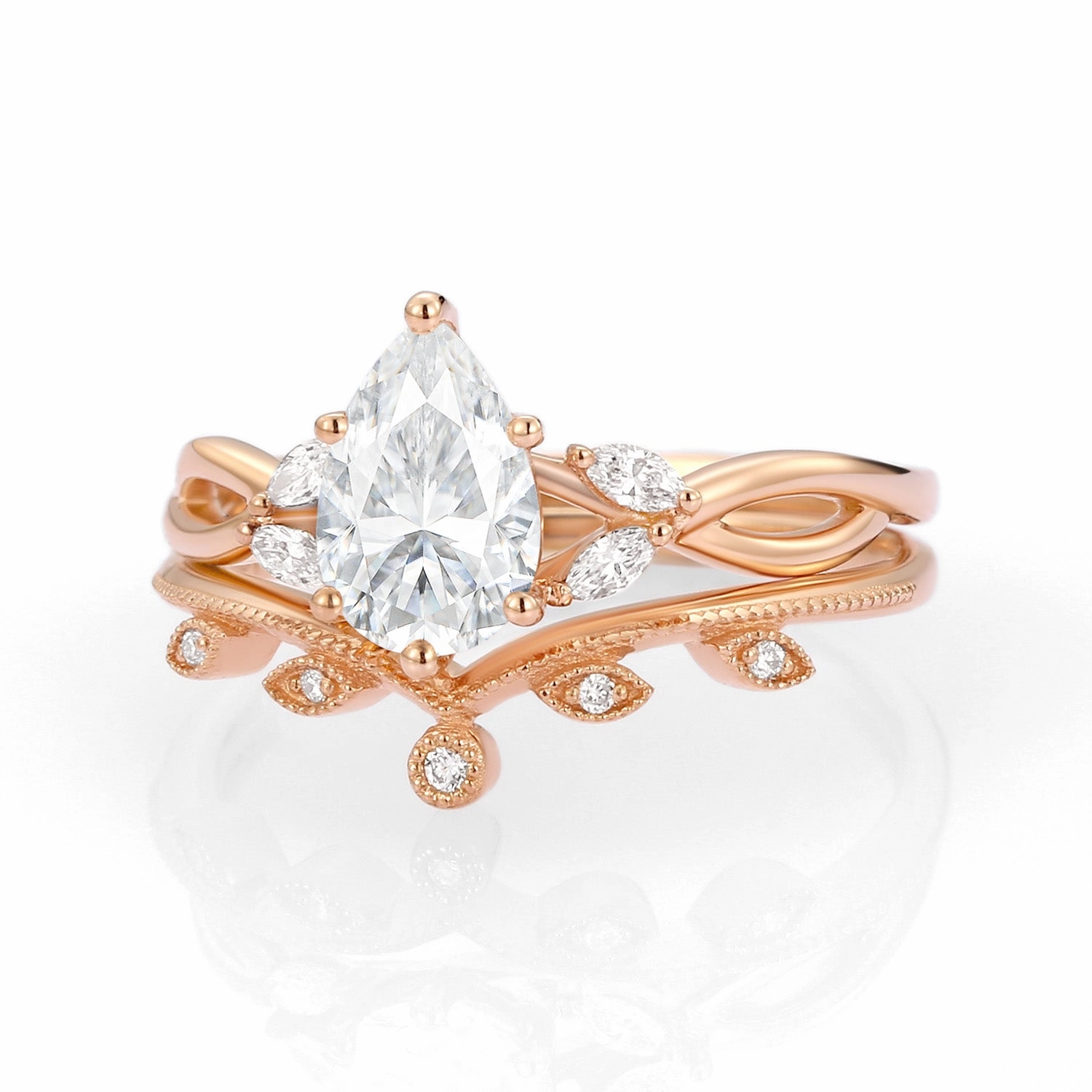 Premium accessory Gentle Balance Pear Moissanite Leafy Twig Ring Set 2pcs - Autumn