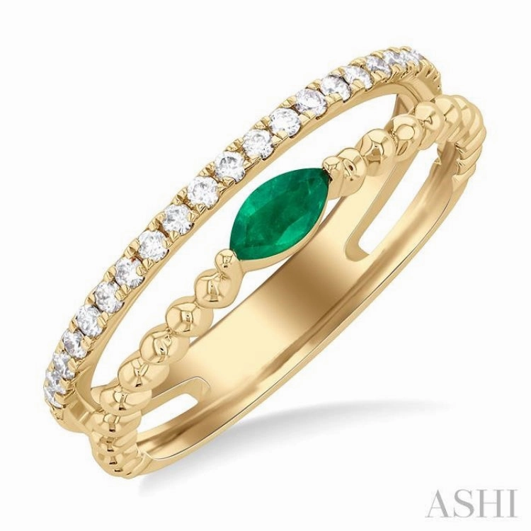 5x2.5 MM Marquise Shape Emerald and 1/5 Ctw Single Cut Diamond Precious Split Twin Ring in 10K Yellow Gold Luxury Token
