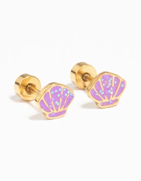 Kids Gold Plated Surgical Steel Shell Flat Back Earrings Luxe Detail Smooth Shine