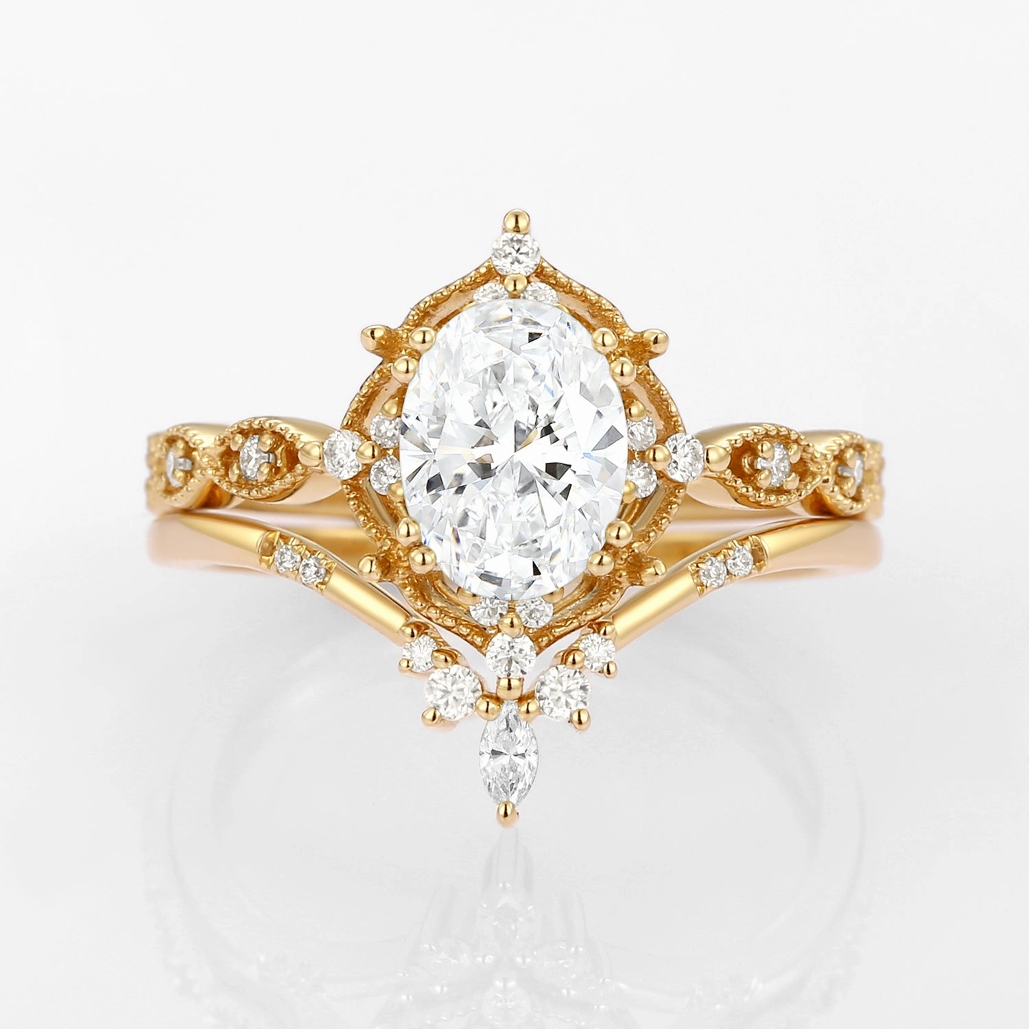 Ornate Bauble Oval Lab Grown Diamond Vintage Inspired Engagement Ring Set 2pcs