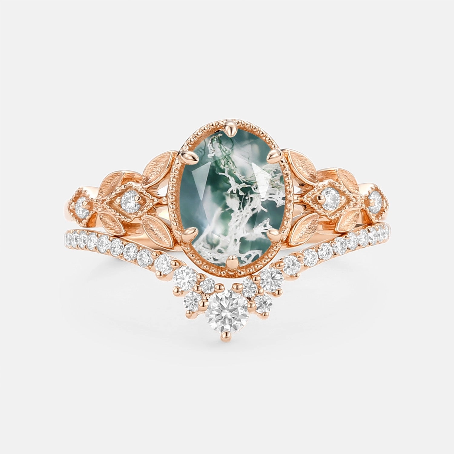 Oval Cut Moss Agate Leafy Gold Ring Set 2pcs - Selene Stylish Article Ornate Emblem