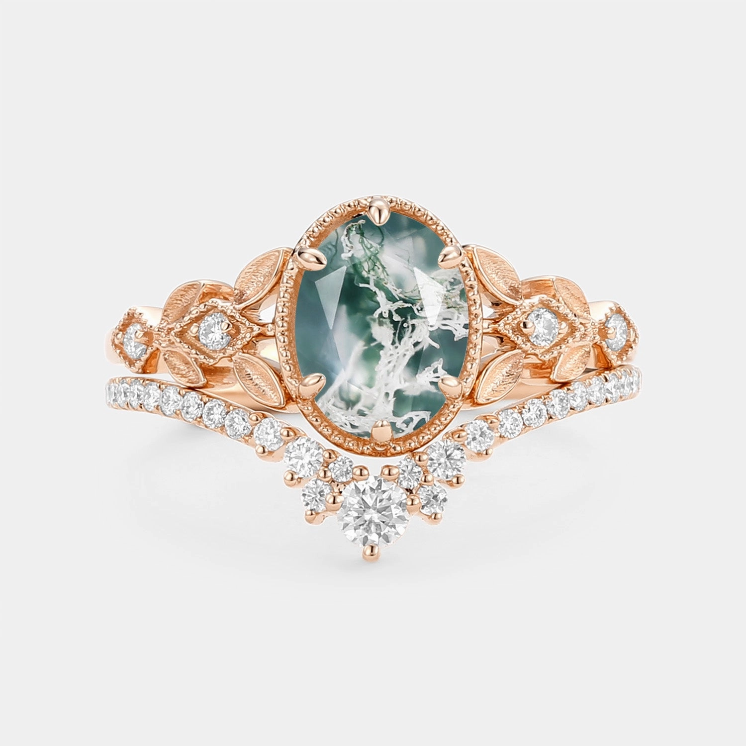 Oval Cut Moss Agate Leafy Gold Ring Set 2pcs - Selene Contemporary Feature