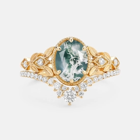 Oval Cut Moss Agate Leafy Gold Ring Set 2pcs - Selene Weekend Style Shiny Gems