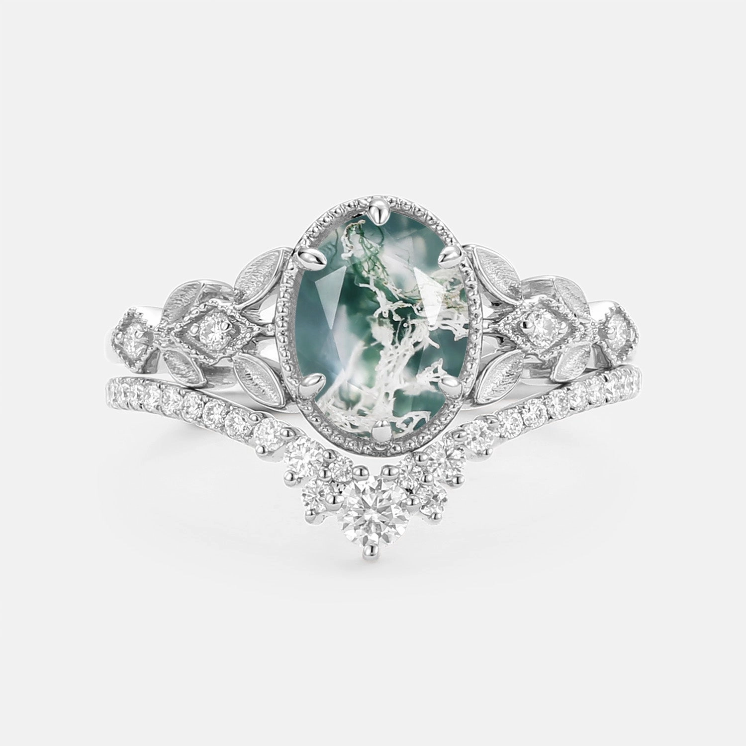 Rough texture Oval Cut Moss Agate Leafy Gold Ring Set 2pcs - Selene