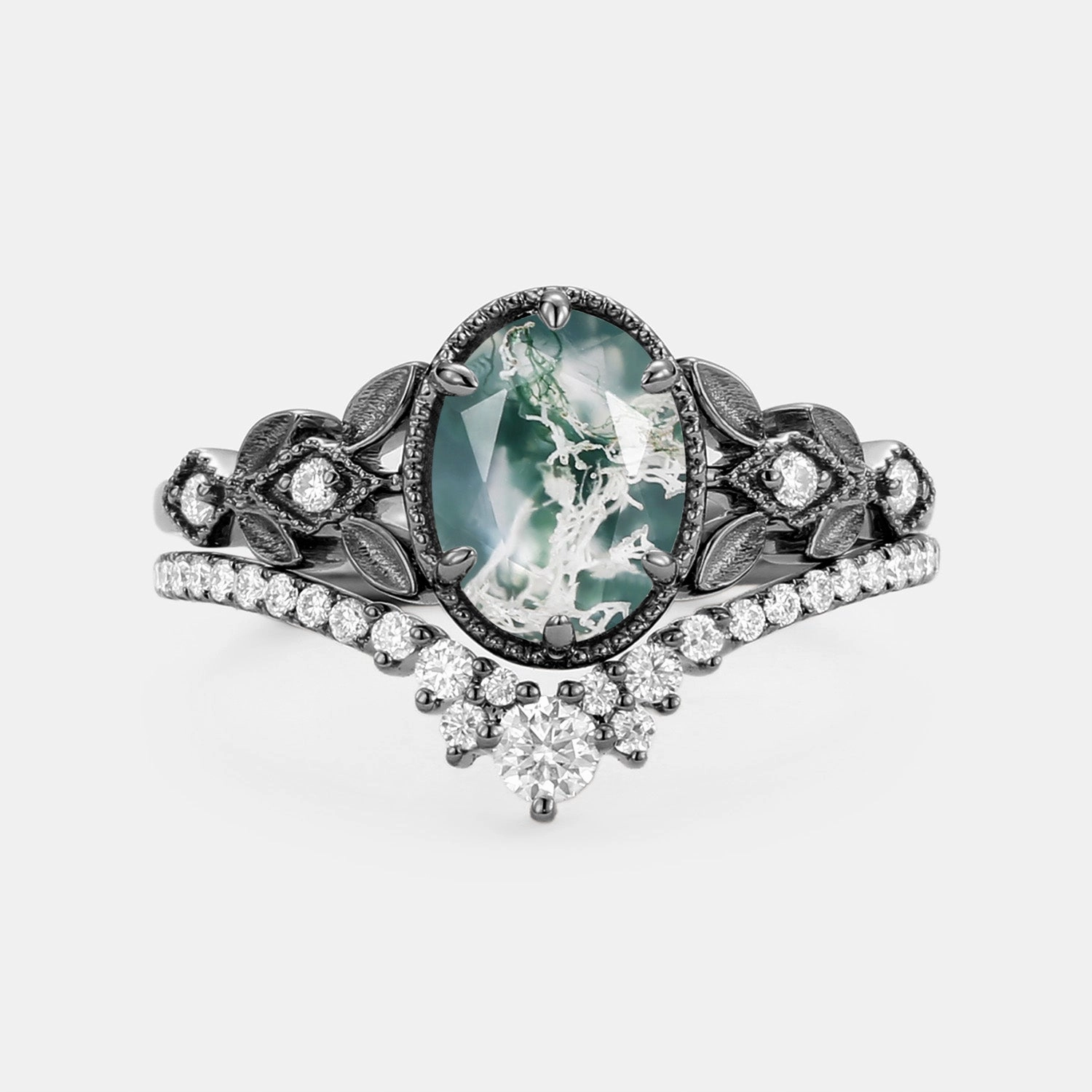 Oval Cut Moss Agate Leafy Gold Ring Set 2pcs - Selene Statement Jewelry