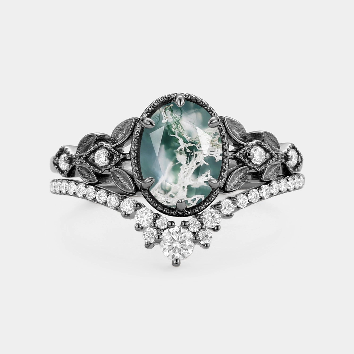 Oval Cut Moss Agate Leafy Gold Ring Set 2pcs - Selene Holiday Style Seasonal Favorite