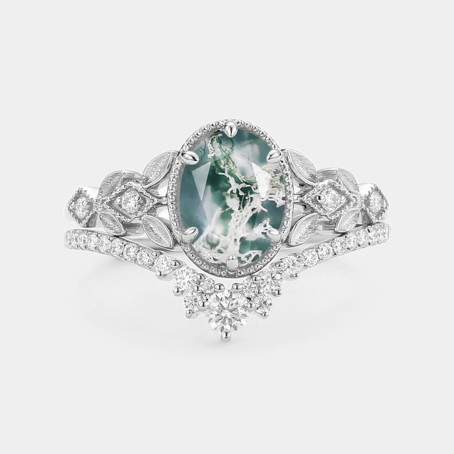 Oval Cut Moss Agate Leafy Gold Ring Set 2pcs - Selene Gift Bag