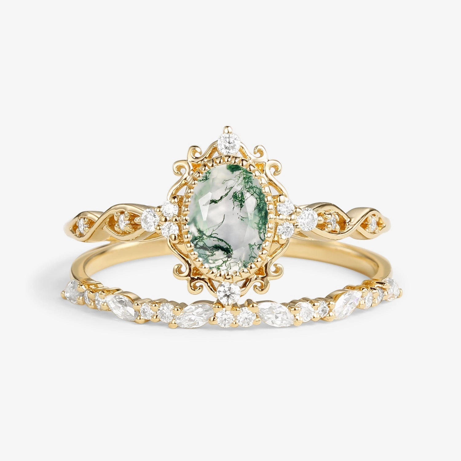 Artful Gift Budget Decoration Oval Cut Vintage Moss Agate Engagement Ring Set 2pcs - Margaret