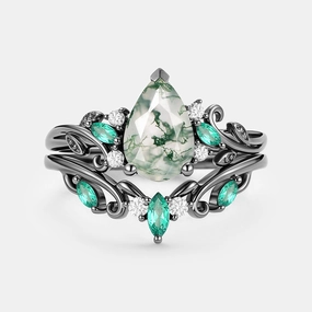 Pear Shaped Vintage Moss Agate Leafy Ring Set 2pcs - Pyrrhus Shimmer Effect Fashion Shine
