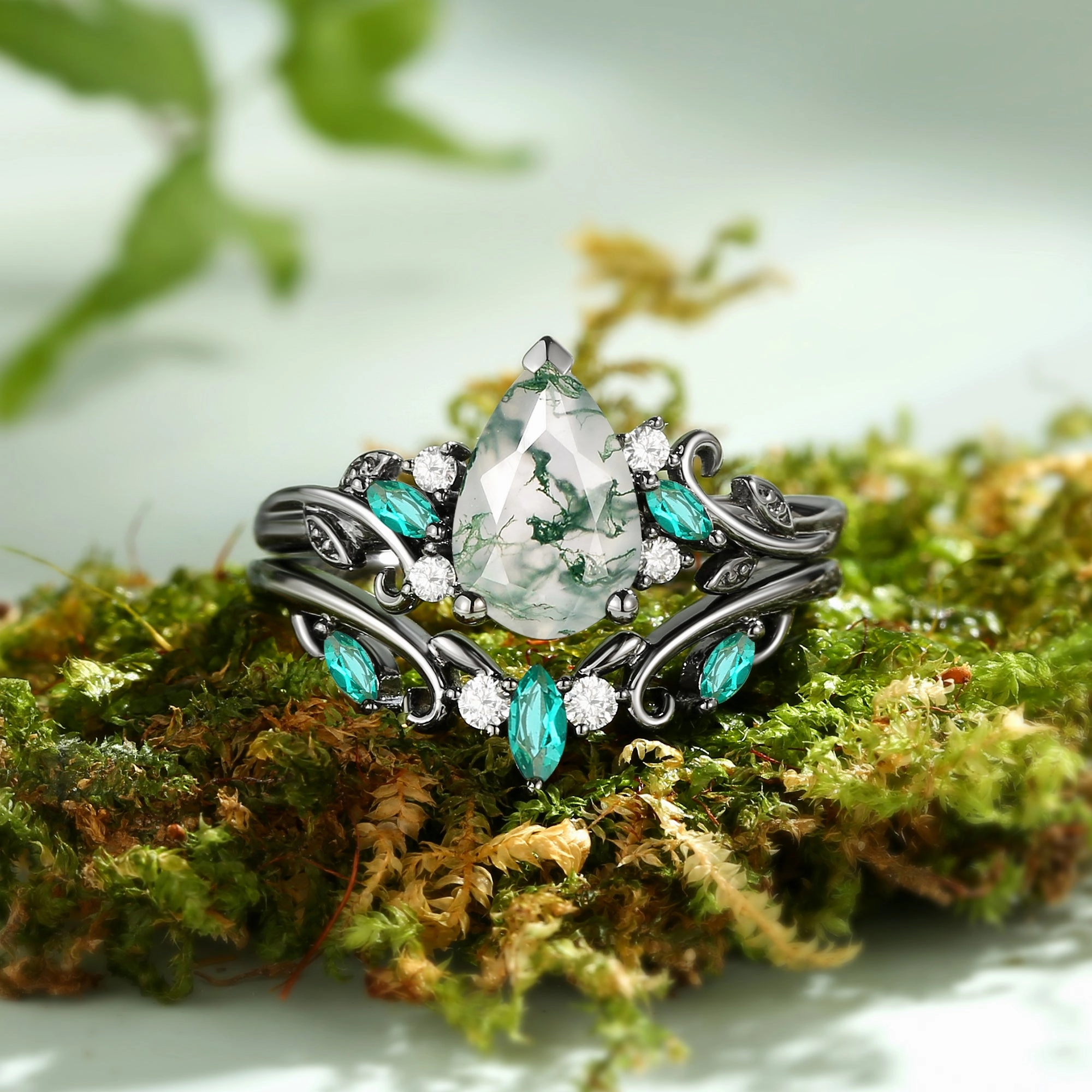 Pear Shaped Vintage Moss Agate Leafy Ring Set 2pcs - Pyrrhus Boyfriend Gift