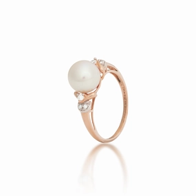 Glistening Gem Freshwater White Pearl Ring in Rose Gold with Diamonds - 8-9mm