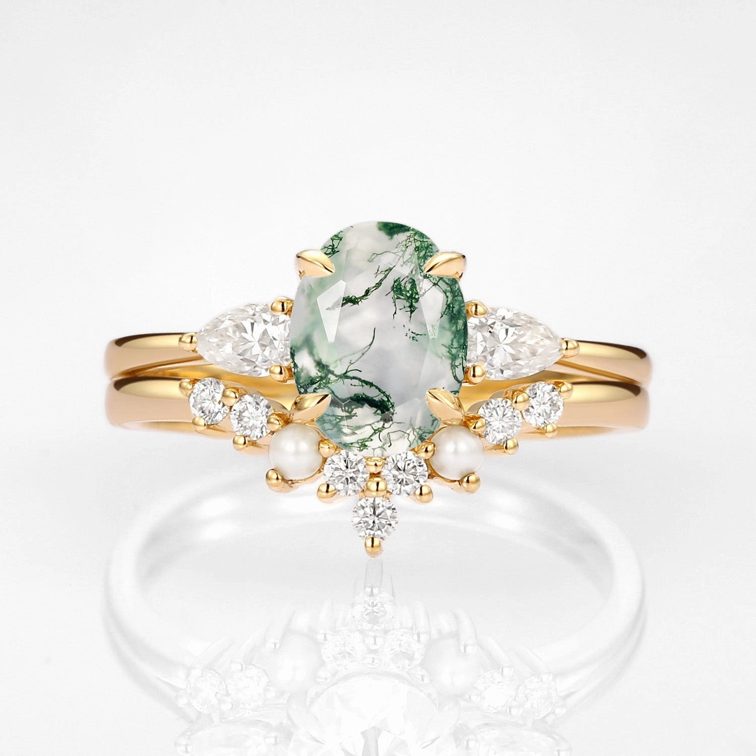 Oval Cut Moss Agate Vintage Gold Ring Set 2pcs - Nancy Modern Outfit Functional Style