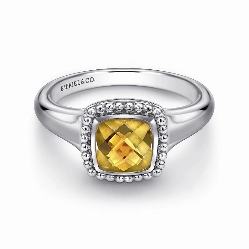 Sterling Silver Beaded Cushion Cut Citrine Ring Gleaming Finish Cozy Glow