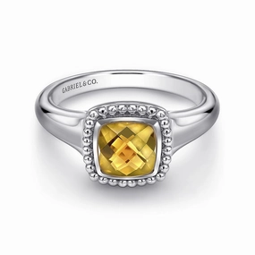 Sterling Silver Beaded Cushion Cut Citrine Ring Gleaming Finish Cozy Glow