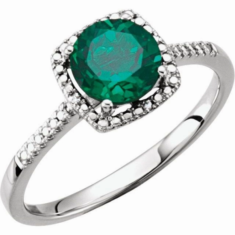 Sentimental Gift Sterling Silver Lab-Grown Emerald & .01 CTW Natural Diamond Ring