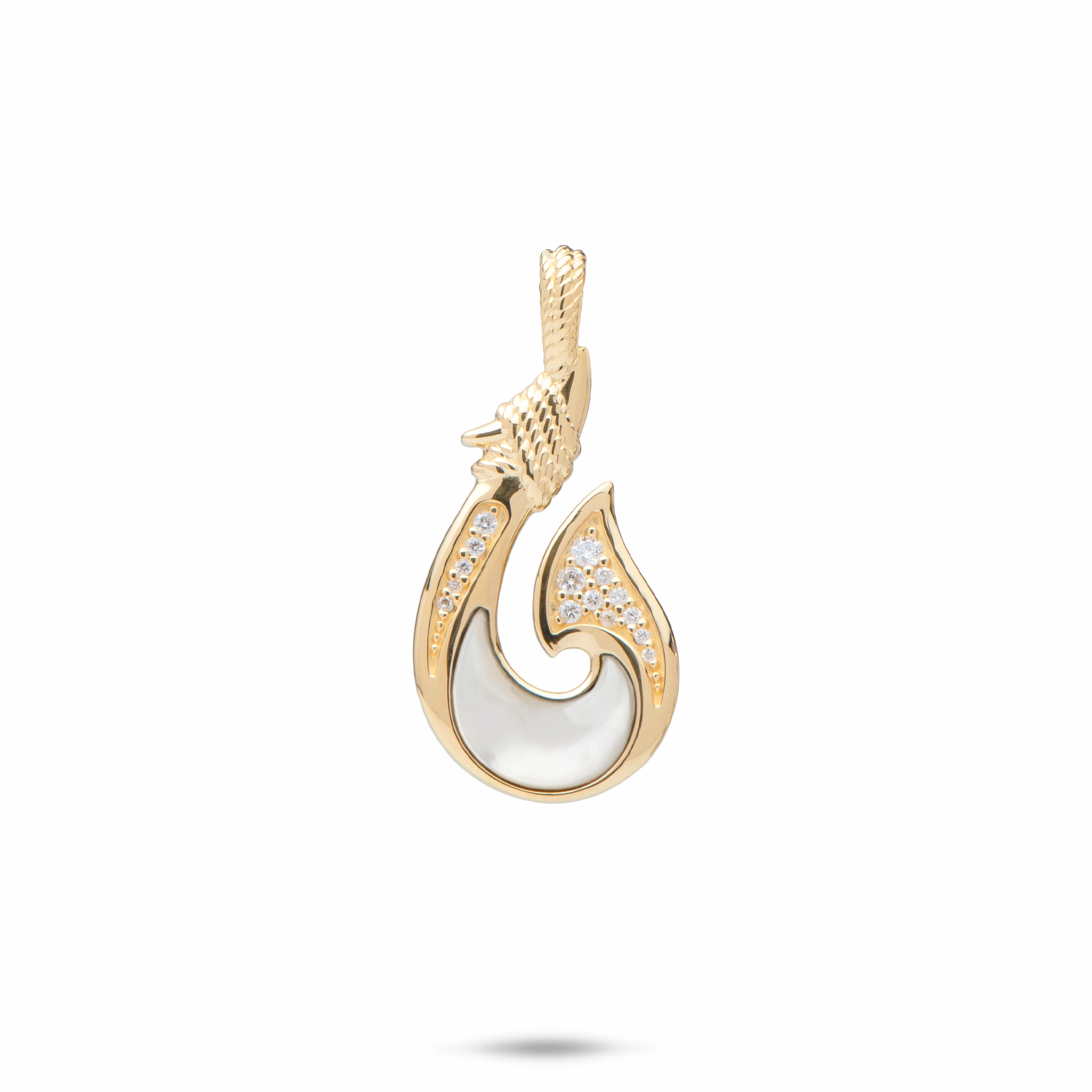 Premium Radiance Sealife Fish Hook Mother of Pearl Pendant in Gold with Diamonds - 27mm