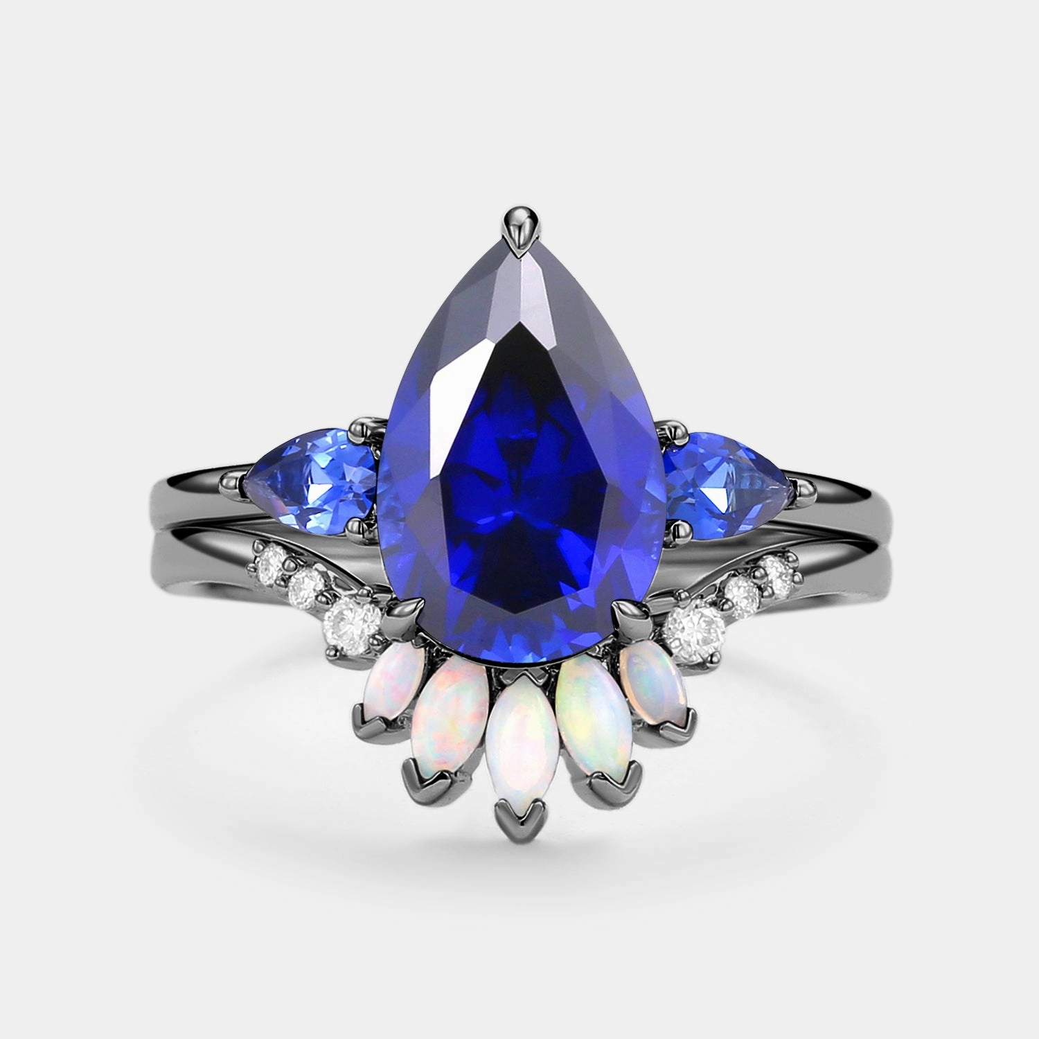 Trendy Outfit Pear Shaped Sapphire & Opal Three-stone Ring Set 2pcs