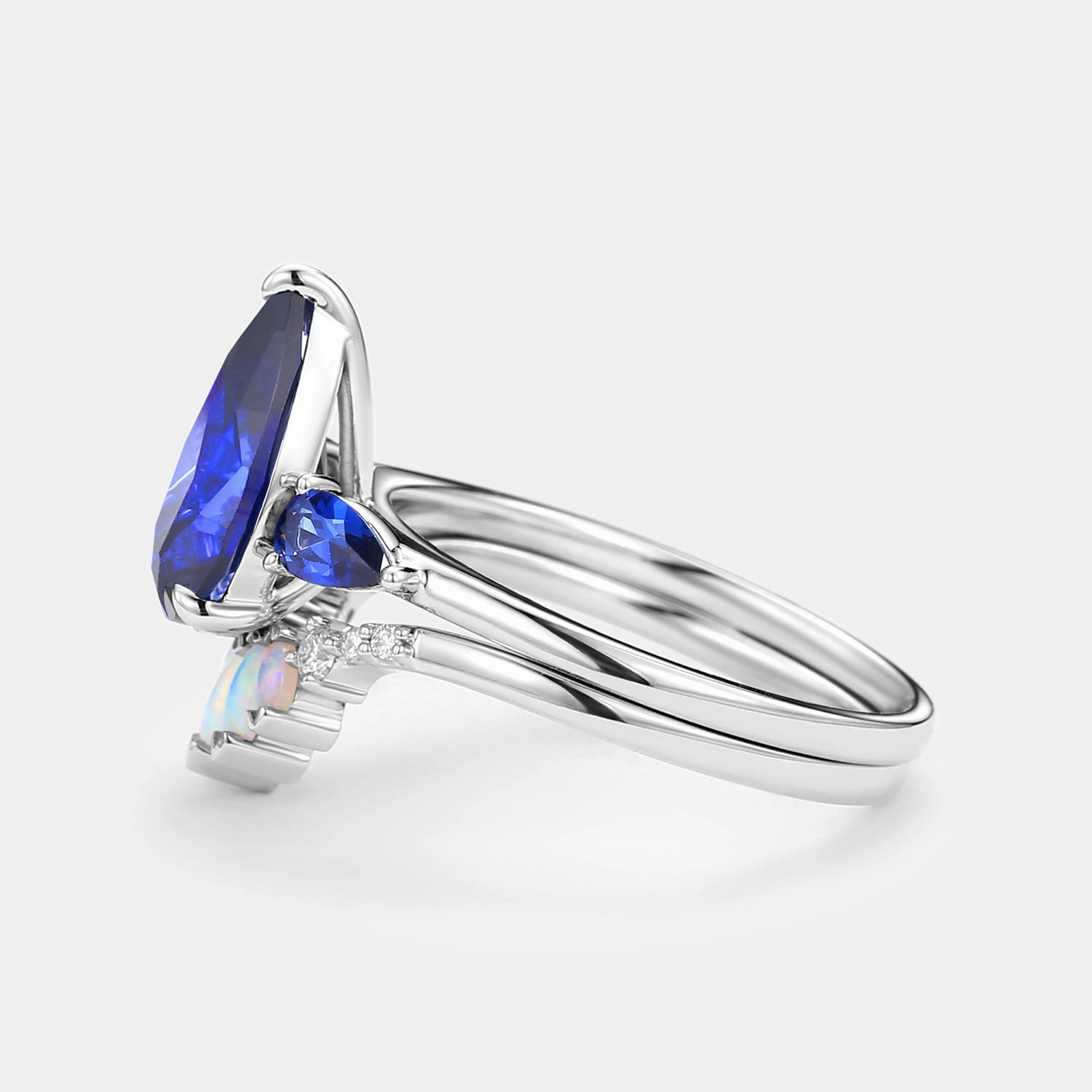 Pear Shaped Sapphire & Opal Three-stone Ring Set 2pcs Glossy Vibe Crisp Look