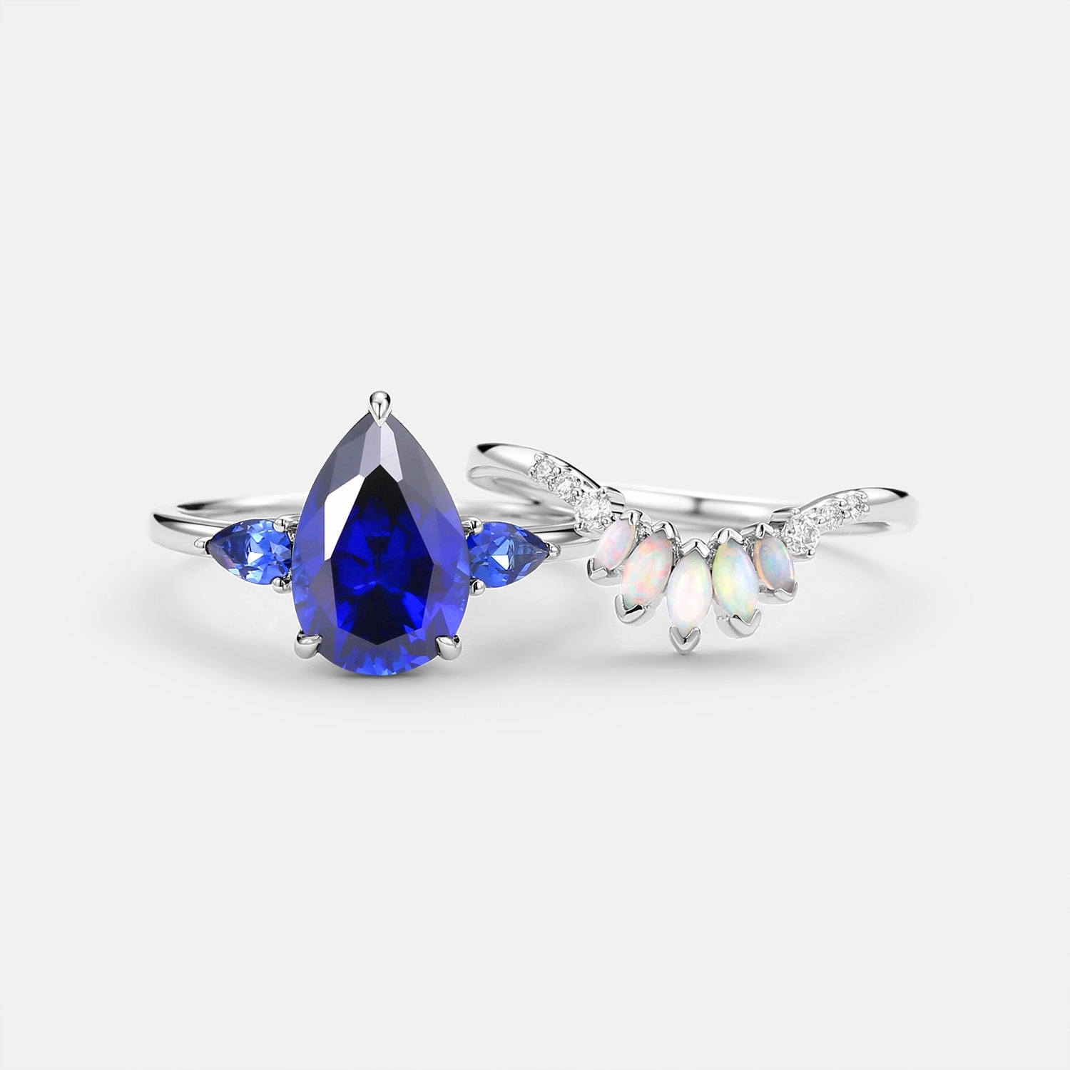 Soft Contrast Pear Shaped Sapphire & Opal Three-stone Ring Set 2pcs
