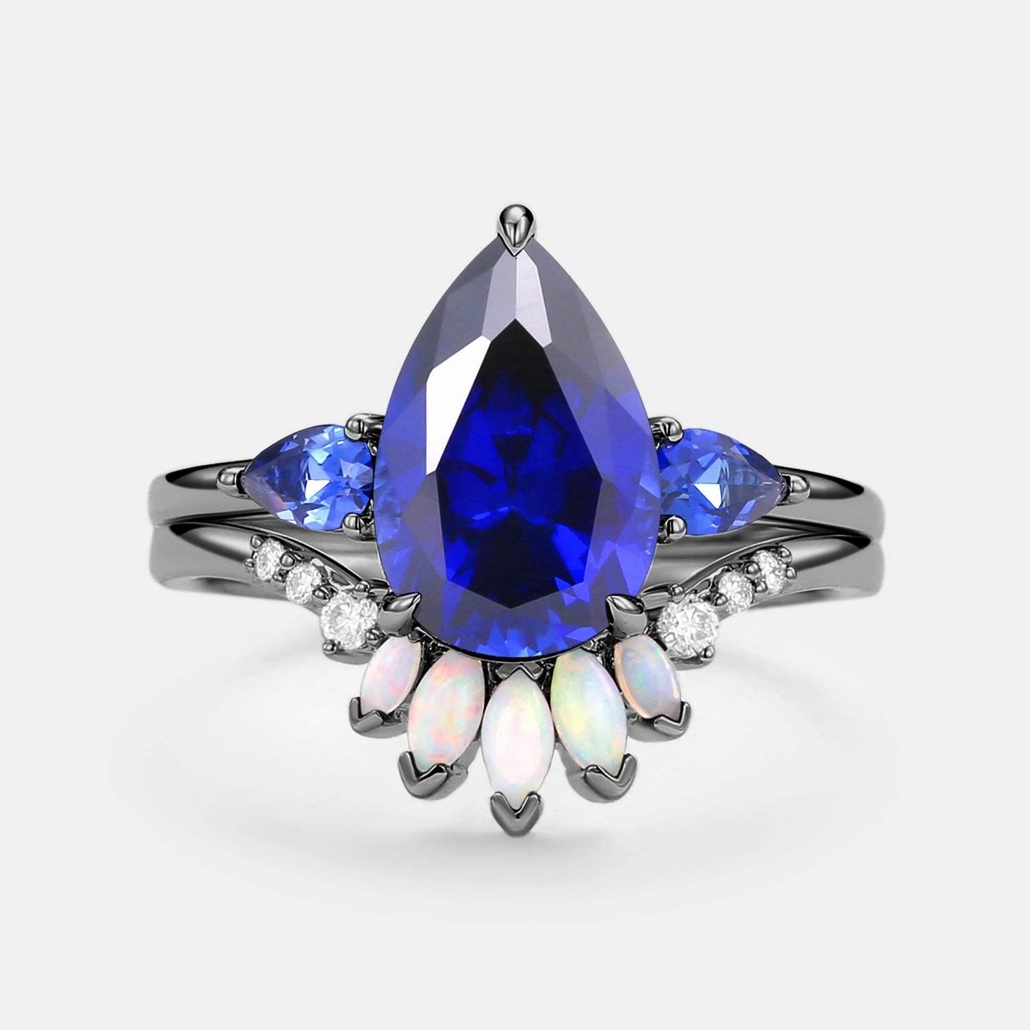 Pear Shaped Sapphire & Opal Three-stone Ring Set 2pcs Ornate Style Unique Trinket