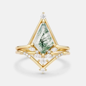 Cool Detail Stylish Vibe Unique Kite Cut Moss Agate & Moissanite Engagement Ring Set 2pcs - Rime