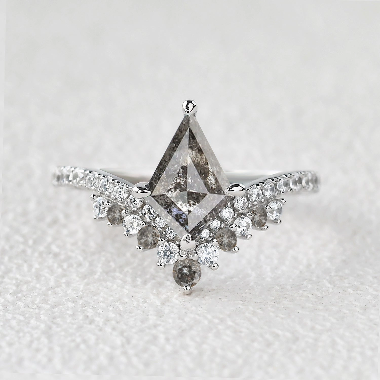 Luminous Highlight Chevron Salt and Pepper Diamonds White Gold Engagement Ring