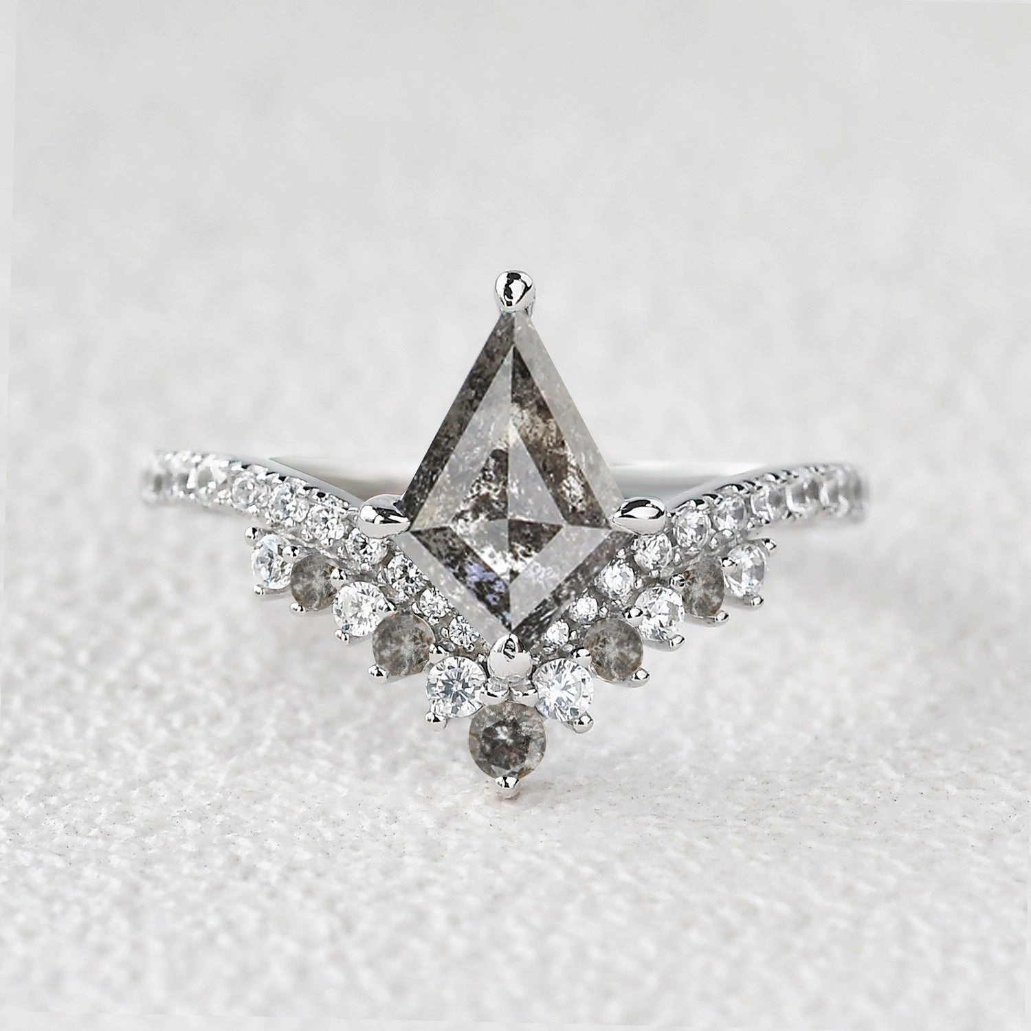 Chevron Salt and Pepper Diamonds White Gold Engagement Ring Glamorous Decoration