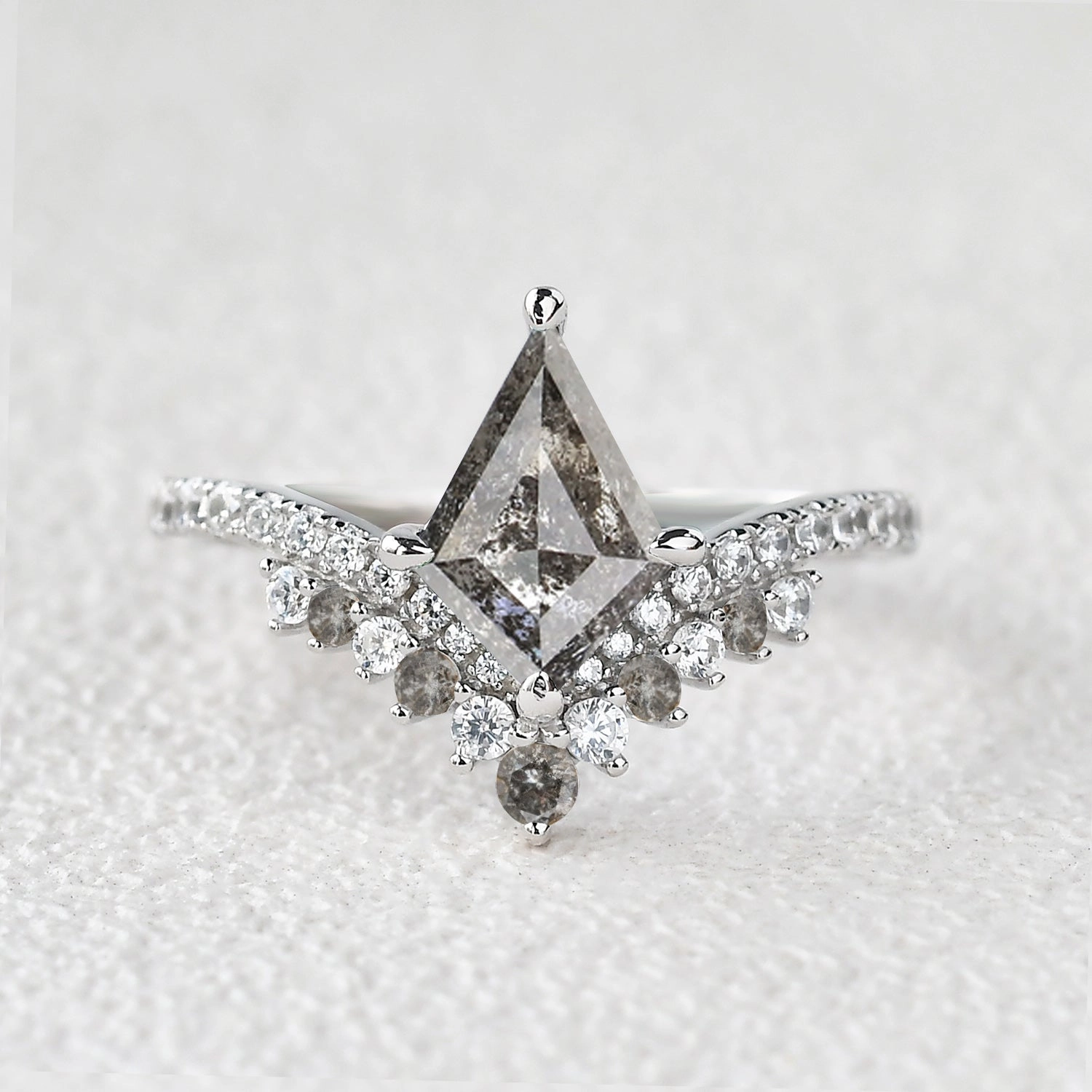 Shining Craft Chevron Salt and Pepper Diamonds White Gold Engagement Ring