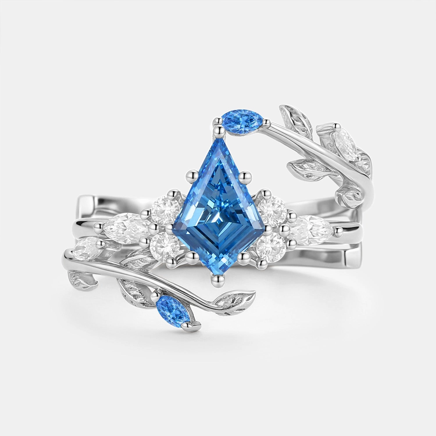 Budget Expression Ornate Mark Kite Cut Blue Lab Grown Diamond Leafy Cage Ring Set - Vern