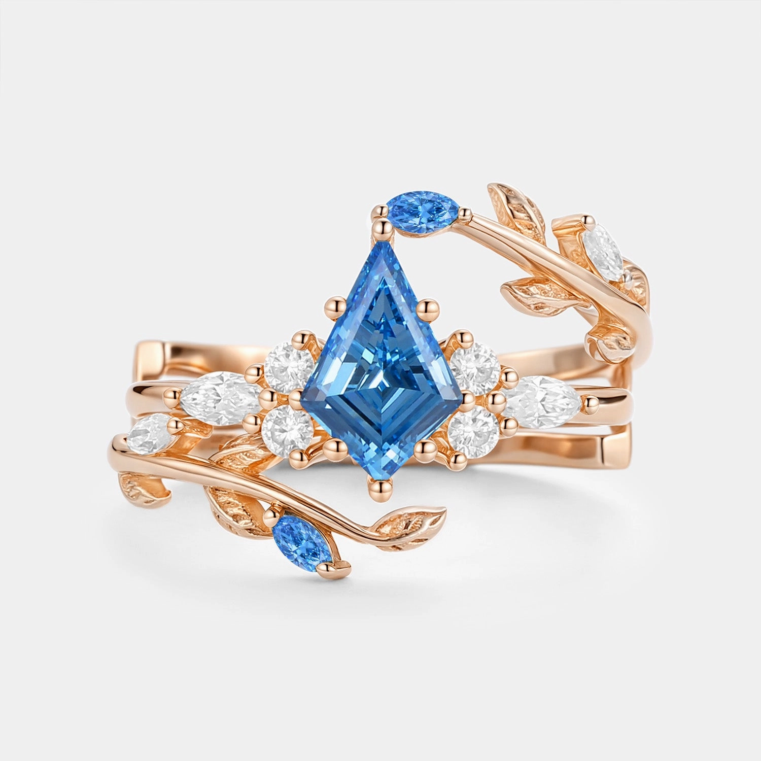 Stylish Embellishment Modern Bauble Kite Cut Blue Lab Grown Diamond Leafy Cage Ring Set - Vern