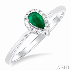 5x3 MM Pear Shape Emerald and 1/20 Ctw Single Cut Diamond Halo Precious Ring in 10K White Gold Sharp Angle Strong Article