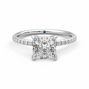 Four Prong Princess Cut Moissanite Engagement Ring with Hidden Anniversary Stone Accent Colorful Glow Lively Detail