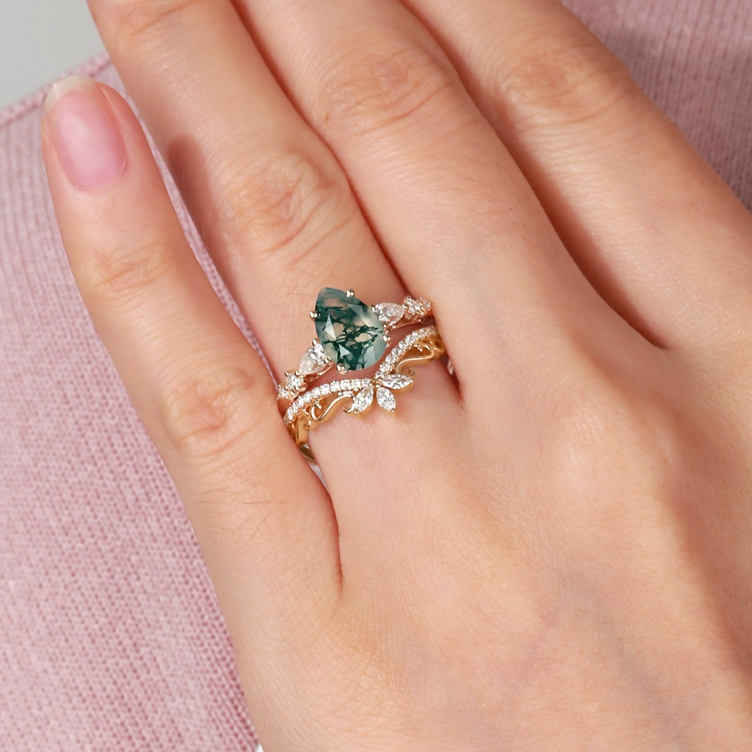 Signature Vintage Pear Moss Agate Staccato Ring Set 2pcs Dynamic Shape Minimalist Touch