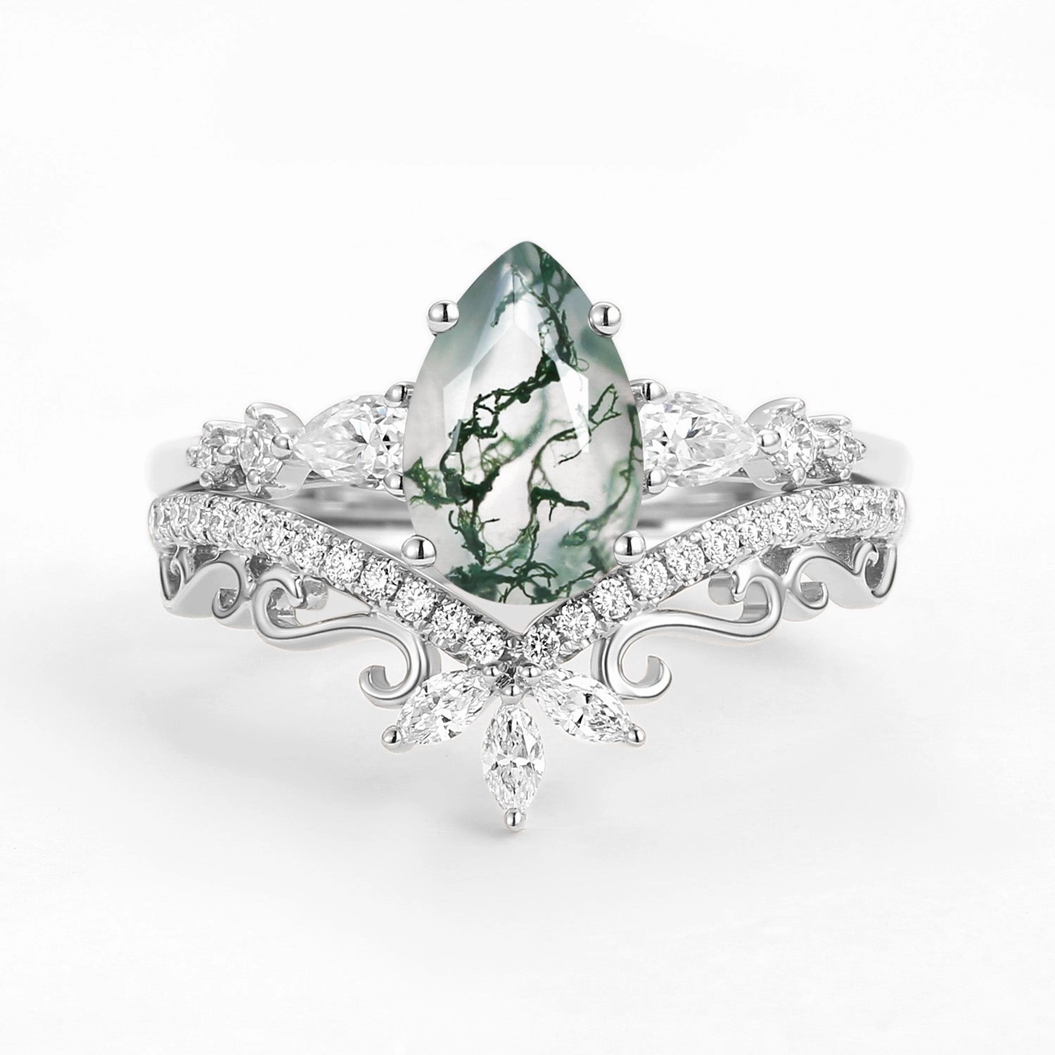 Signature Vintage Pear Moss Agate Staccato Ring Set 2pcs Economical Product