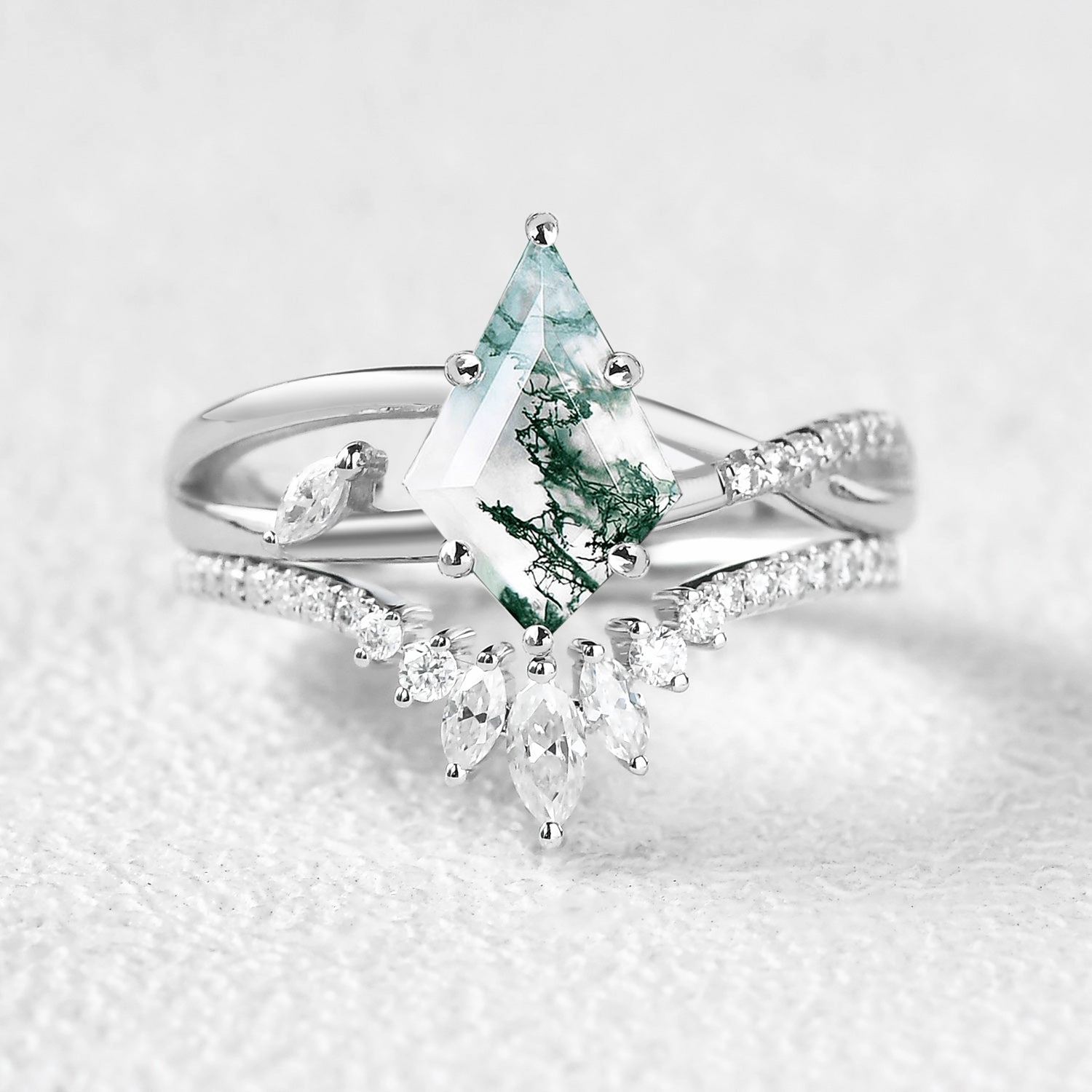 Premium Form Modern Twist Unique Moss Agate Infinity Engagement Ring Sets 2pcs