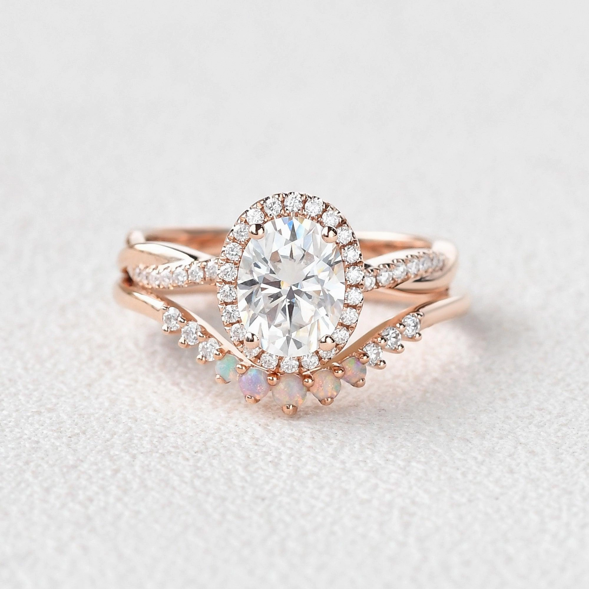 Oval Cut Moissanite & Opal Halo Rose Gold Ring Set 2pcs Opulent Sparkle Sophisticated Detail