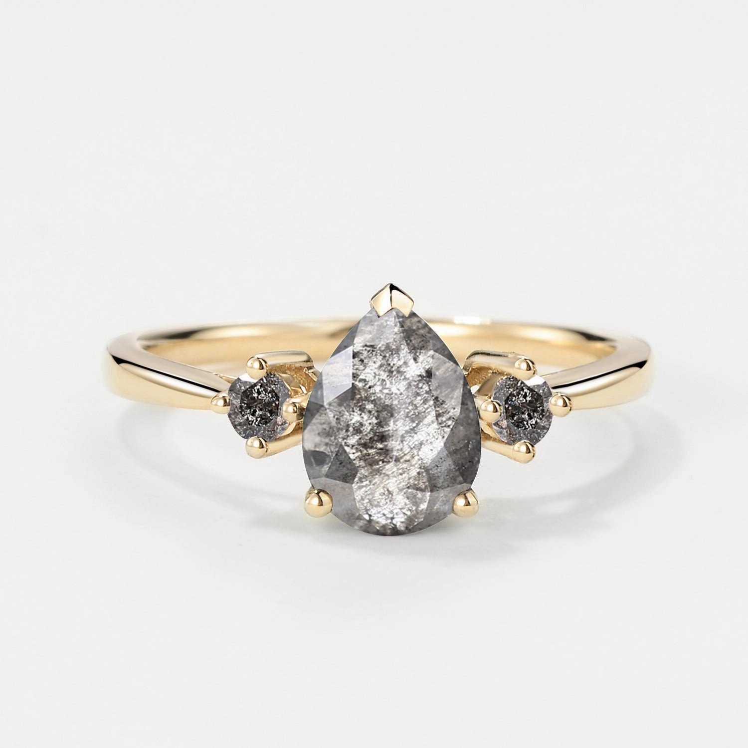 Grey Salt and Pepper Diamonds Pear Three Stone Engagement Ring Date Look Graceful Piece