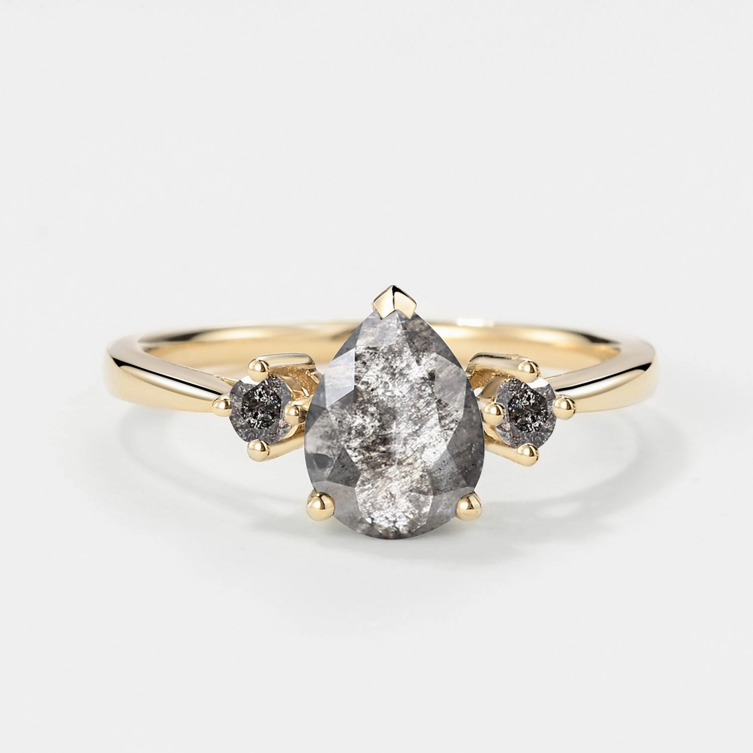 Grey Salt and Pepper Diamonds Pear Three Stone Engagement Ring Custom Finish Shiny Stones