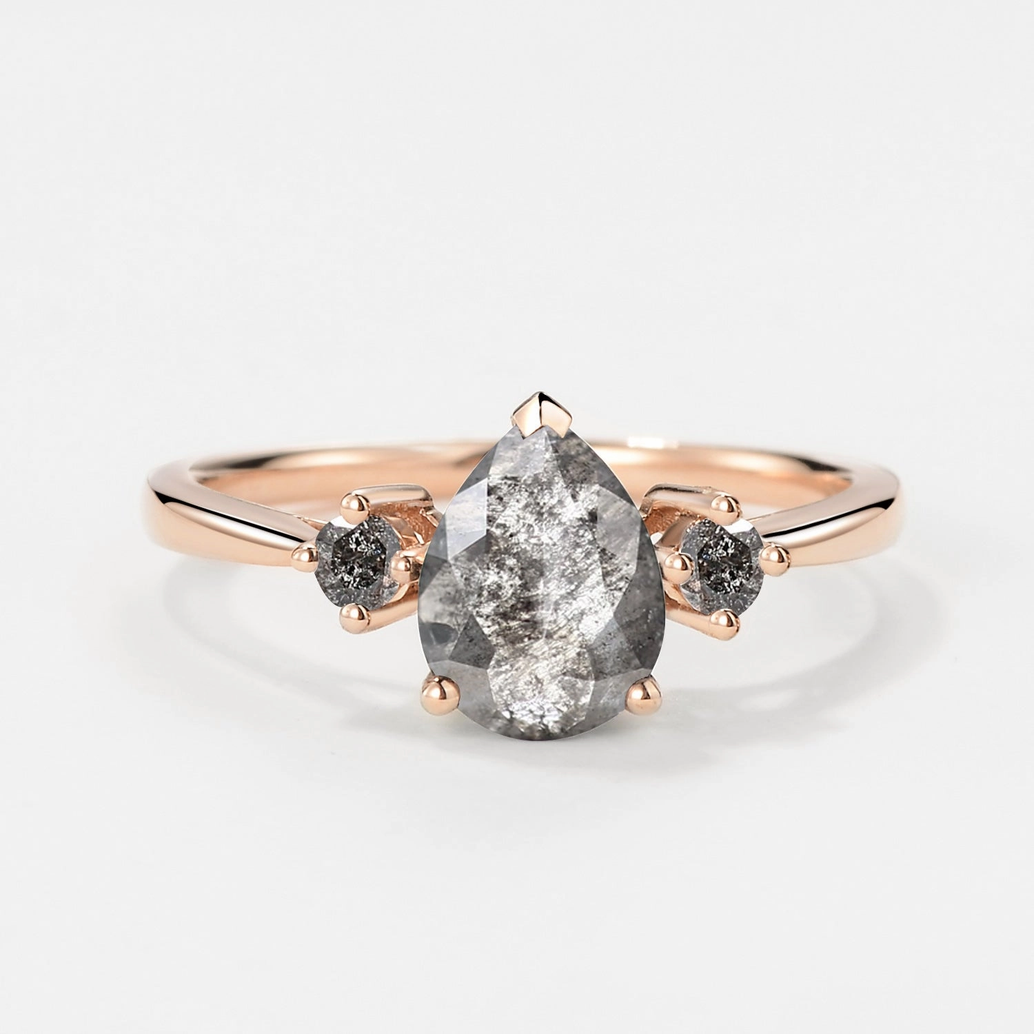 Pretty Pair Modern Radiance Grey Salt and Pepper Diamonds Pear Three Stone Engagement Ring