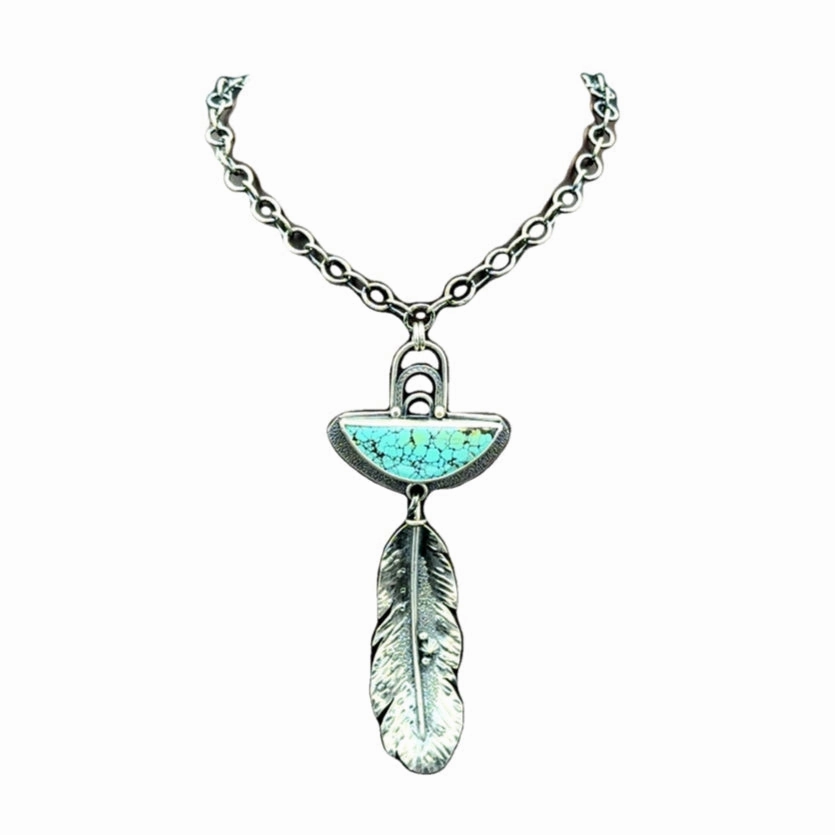 Graceful Edge Long Sterling Silver Feather and Turquoise Necklace