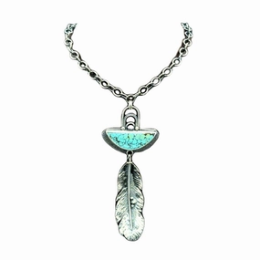 Graceful Edge Long Sterling Silver Feather and Turquoise Necklace