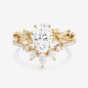 1.5ct Oval Cut  Lab Grown Diamond Leafy White Gold Ring Set 2pcs - Wrenley Everyday Look Graceful Flow