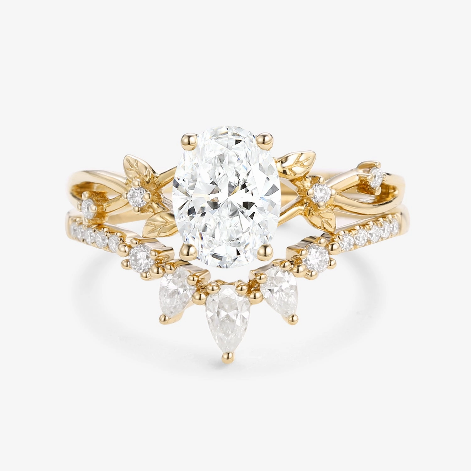 1.5ct Oval Cut  Lab Grown Diamond Leafy White Gold Ring Set 2pcs - Wrenley Everyday Look Graceful Flow