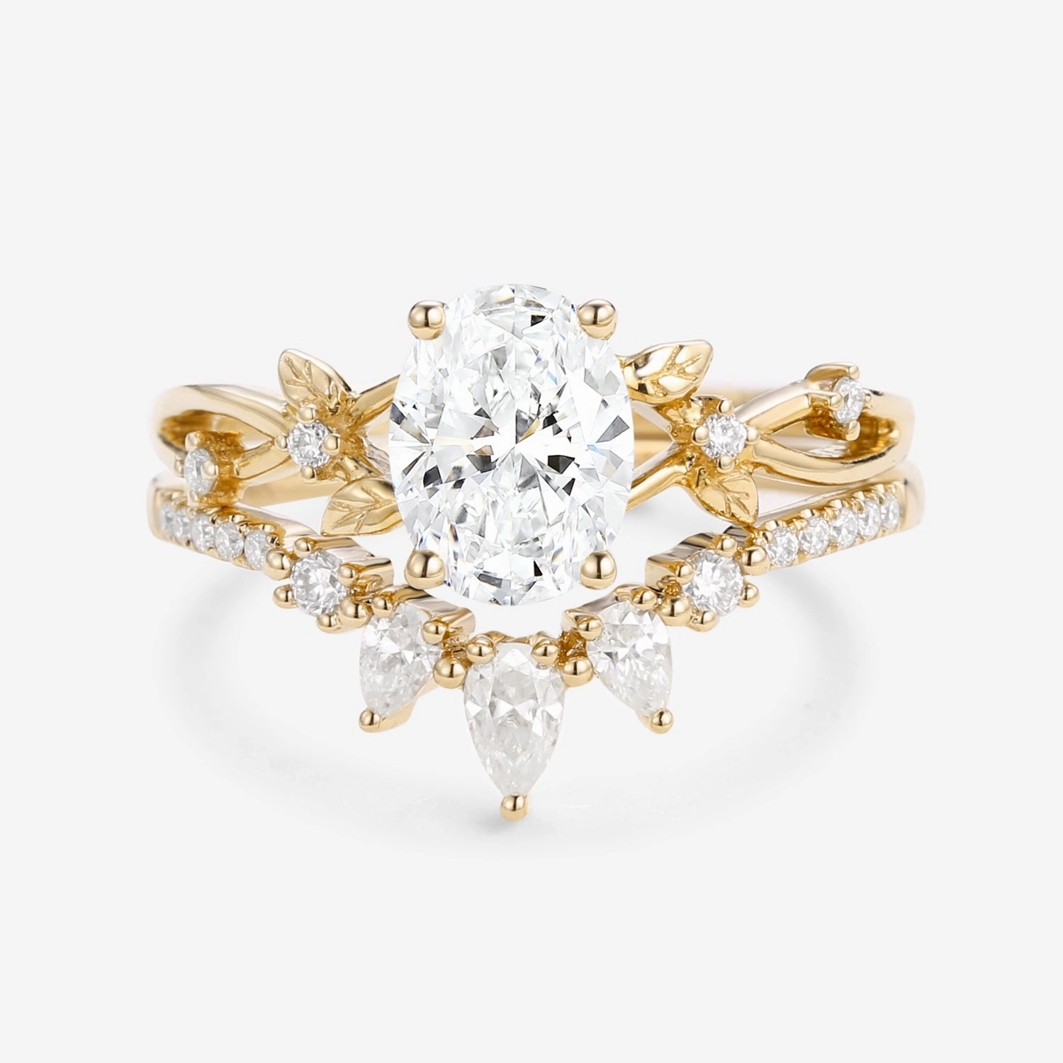 1.5ct Oval Cut  Lab Grown Diamond Leafy White Gold Ring Set 2pcs - Wrenley Glossy Look