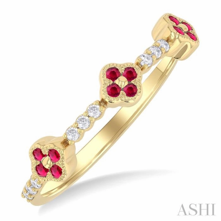 1.25 MM Round Cut Ruby and 1/10 Ctw Clover Leaf & Bar Link Round Cut Diamond Precious Ring in 10K Yellow Gold Fine Ornament