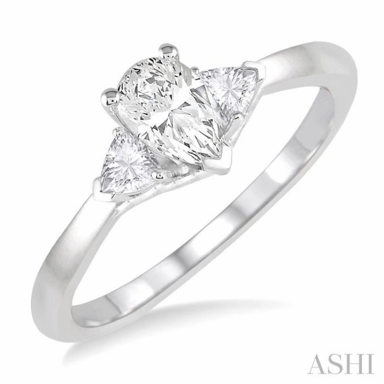 HighEnd Creation 3/4 ctw Pear and Triangle Cut Diamond Ladies Engagement Ring with 1/2 Ct Pear Cut Center Stone in 14K White Gold