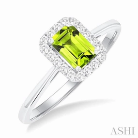 Value Symbol Personal Craft 6x4 MM Octagonal Shape Peridot and 1/6 Ctw Round Cut Diamond Halo Semi-Precious Ring in 10K White Gold