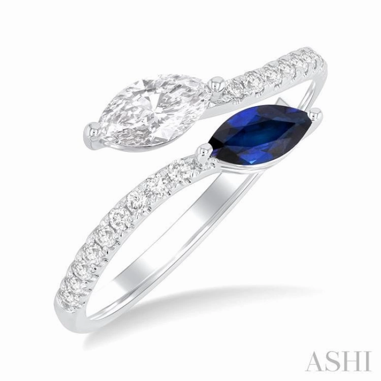Designer Piece Everyday Look 6x3 MM Marquise Sapphire and 1/2 Ctw Marquise Cut Diamond Toi Et Moi Precious Bypass Open Ring in 14K White Gold