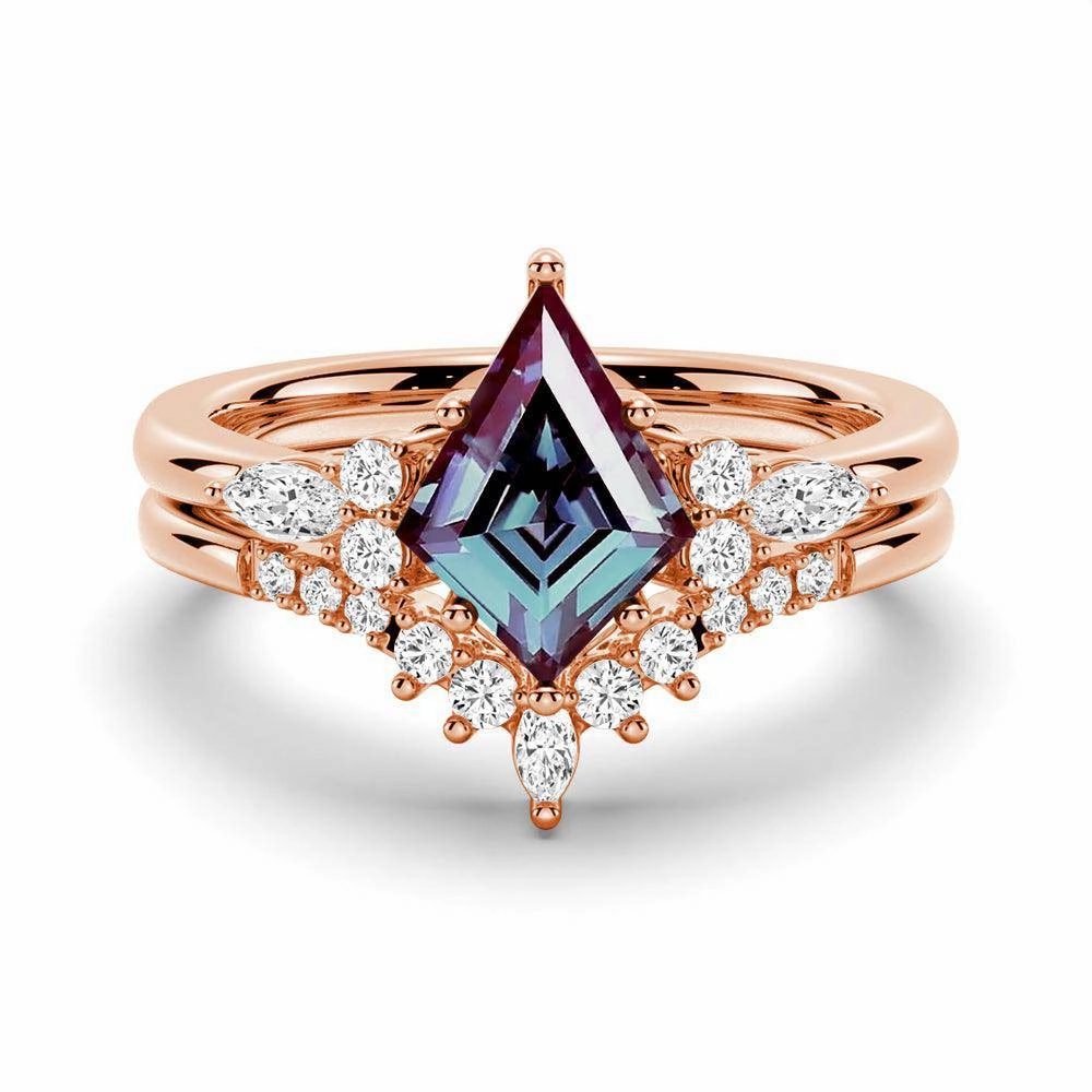 2 CT. Art Deco Kite Cut Alexandrite Engagement Ring Set With Moissanite Accents Distinctive Style Pieces Modern Style